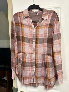 Free People Plaid Button-Front Top in Pink, Brown & Mustard